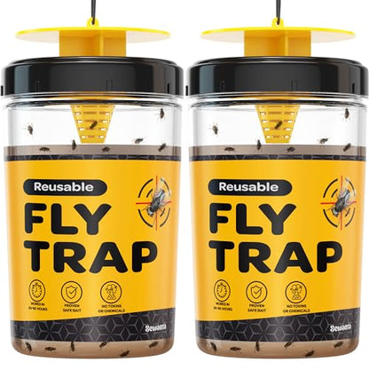 Fly Traps Outdoor [Set of 2] with Dissolvable Non-Toxic Bait - Reusable Hanging Bug Catcher Killer for All Flies for Outside Bug Control Patios, Barns, Ranches Etc. Hanging Fly Traps with Tie Included - style: 2 Traps
