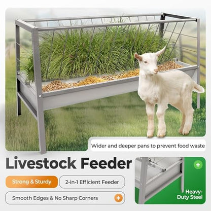 Pasture Hay Feeder 2 in 1 55 Gallon 59 in Livestock Feed Trough - color: Silvery