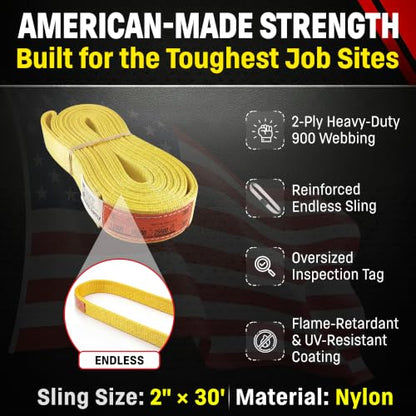 DD Sling 2" x 30' Nylon Endless Lifting Sling – USA Made, 12,800 lb Vertical, 10,200 lb Choker, 25,600 lb Basket – 2 Ply Heavy Duty 900 Webbing, Type 5 Endless Rigging Sling - size: 2"x30'