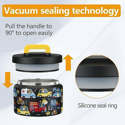 PIQUEBAR 8oz Kids Thermo for Hot Food,Small Lunch Thermo Food Container Stainless Steel,Easy Open Wide Mouth Thermo for Hot Cold Food for Preschool Travel - color: Black Animal Truck