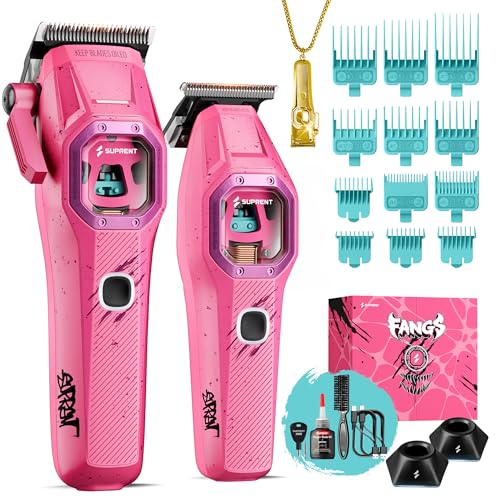 SUPRENT Fangs Professional Barber Clippers - High-Performance 13,000 RPM Vector Motor Hair Clipper Barber Trimmer Set, Professional Haircutting Kit with AI Speed Control, Patented U-Teeth Blade (PINK) - color: Pink&mint Green