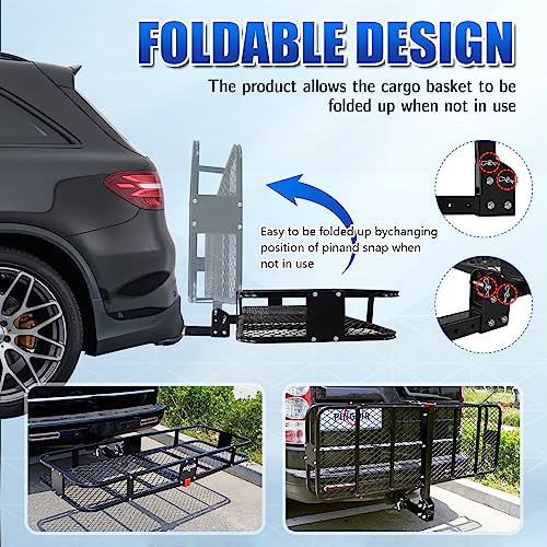 PINGDIR Folding Hitch Mount Cargo Carrier Hitch Rack Basket 60"*21.5"*6" Hauling Weight Capacity of 500 Lbs, Waterproof Cargo Bag 58" 19" 24", with Hitch Stabilizer,Cargo Net and Ratchet Straps - size: 60 inches