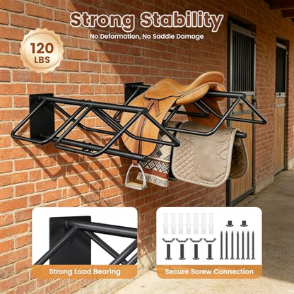 2 Pcs Saddle Rack Wall Mount with Saddle Pad Bar, 120-lb Capacity Heavy Duty Steel Horse Saddle Stand, Blanket Holder Tack Storage for Western English Saddles, Tack Room Barn Organizer, Black
