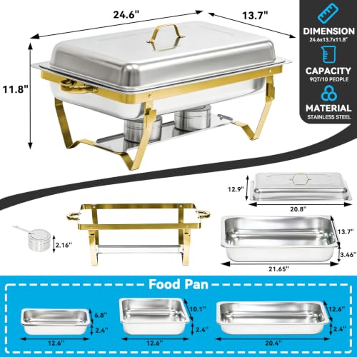 9QT Chafing Dishes for Buffet 4 Pack with 7 Multi-Size Food Pans - color: Silver + Golden