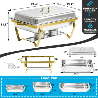 9QT Chafing Dishes for Buffet 4 Pack with 7 Multi-Size Food Pans - color: Silver + Golden