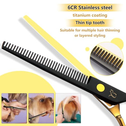 Dog Grooming Scissors-7" Dog Grooming Shears Set 5PCS Black Gold | Paint Coated Curved Scissors Thinning Scissors with Safety Round Tips, Sharp and Durable