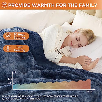 Westinghouse Heated Blanket Full Size, Faux Fur with 10 Levels, Indigo - color: Indigo, size: Full 80" x 84"
