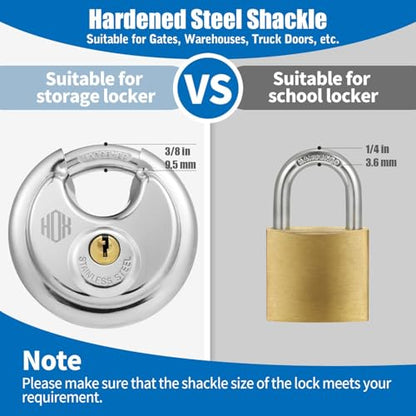 HOX Keyed Disc Padlock, Stainless Steel Keyed-Alike Padlocks, 2-Pack Heavy Duty Locks, Waterproof Outdoors Lock with 3/8 Inch Shackle, 2-3/4 Inch Wide Body, for Hasp Latch, Fences, Storage Locker - color: DP-2P