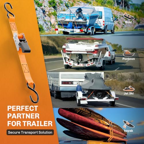 WELLUCK 304 Stainless Steel Boat Trailer Tie Down Straps 2400 LBS, 1 Inch x 4 FT Heavy Duty Ratchet Straps Transom Tie Downs to Trailer Marine Jet Ski Pontoon, High-Vis Orange Safety Harness - color: Silver（Stainless）