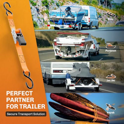 WELLUCK 304 Stainless Steel Boat Trailer Tie Down Straps 2400 LBS, 1 Inch x 4 FT Heavy Duty Ratchet Straps Transom Tie Downs to Trailer Marine Jet Ski Pontoon, High-Vis Orange Safety Harness - color: Silver（Stainless）