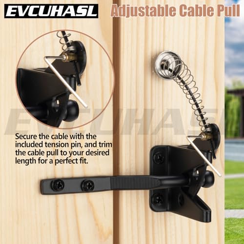 Self Locking Gate Latch with Spring Cable Pull, Heavy Duty Automatic Gravity Lever Gate Fence Door Latches for Wooden Fence/Vinyl Door/Outdoor Secure Pool/Garden, Black-1 Pack