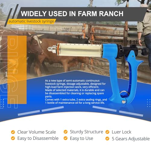 50ML Semi Automatic Livestock Syringe for Cow Goat Cattle Sheep Pig, 5 Gears Adjustable Continuous Repeating Injection, Veterinary Cattle Vaccine Luer Lock Syringe with 2 Tubes - size: 2-Tube 50ml
