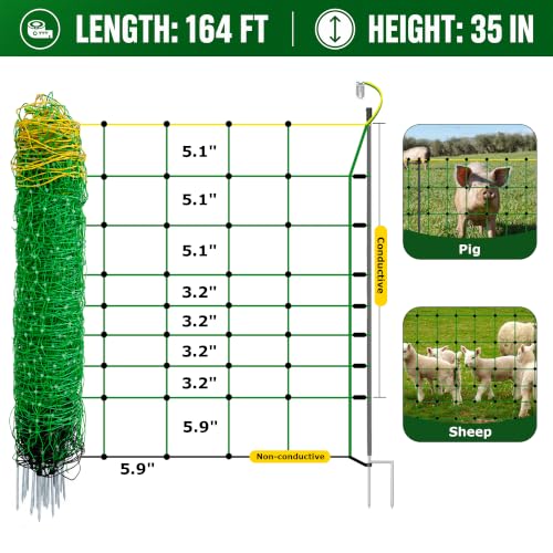 Electric Fence Netting, Electric Netting Fence 35.4"H x 164'L 2-Spike Posts - size: 35.4in H*164ft L