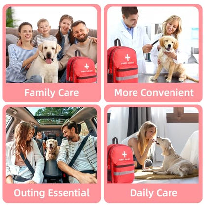 First Aid Bag Empty 4-Piece Set with Large First Aid Backpack, 2 Portable Pouches & Carry Medical Bag for Pet, Car, Travel, Camping, Emergency Supplies Storage (Red Gray)