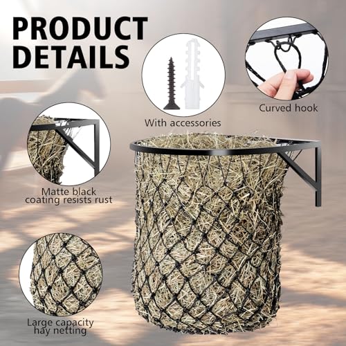 Yaocom 1 Set Wall Mount Hay Feeder with Net Large Capacity Black Metal Frame with Slow Feed Hay Net Open-top for Horses Goats