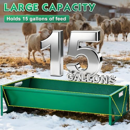 15 Gal Goat Feeder, Deer Feeder Livestock Feeding Metal Trough 39.4 Inch Heavy-Duty Galvanized Portable Pig Feeder for Farms Alpacas Hay Feeder for Goats, Calves, Sheep, Horses Deer (Dark Green)