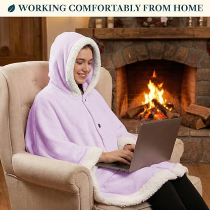 PAVILIA Hooded Blanket Poncho for Women, Fleece Wearable Shawl Wrap, Purple | Fleece Shawl Wrap with Hood, Adult Wearable Blanket, Cozy Warm Poncho Cape Throw with Pockets, Gift for Elderly Mom - color: Purple