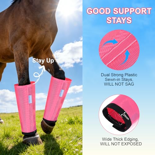Fly Boots for Horses Set of 4, Loose Fitting Mesh Horse Fly Boots Leggings, Reduce-Stomping Adjustable Equine Leg Wraps & Socks, Stay Up Not Sag, No Rub (Magenta) - color: Magenta
