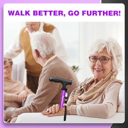 BigAlex Folding Walking Cane with LED Light,Pivoting Quad Base,Adjustable Walking Stick with Carrying Bag for Men/Women - color: Purple(5'5"-6'3")