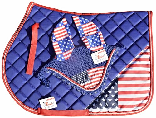 USA Royal Flag Saddle Pad Set with Matching Ear Bonnet – Print Horse Riding Gear – Non-Slip/Breathable – Western/English Show