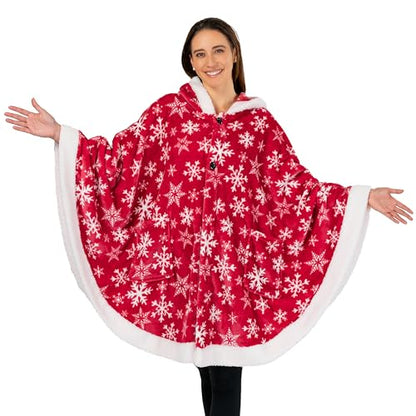 PAVILIA Hooded Blanket Poncho, Fleece Wearable Shawl Wrap, Snowflake Red | Fleece Shawl Wrap with Hood, Adult Wearable Blanket, Cozy Warm Poncho Cape Throw with Pockets, Gift for Elderly Mom - color: Snowflake Red