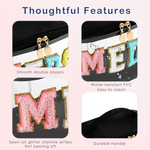 uekeboag Chenille Letter MEDS Clear Medicine Makeup Bag(04Black) | Personalized Transparent Large Waterproof Nylon Cosmetic Storage bag with Top Handle, Meds First Aid Travel Organizer Bag - color: 04Black-Meds