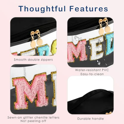 uekeboag Chenille Letter MEDS Clear Medicine Makeup Bag(04Black) | Personalized Transparent Large Waterproof Nylon Cosmetic Storage bag with Top Handle, Meds First Aid Travel Organizer Bag - color: 04Black-Meds