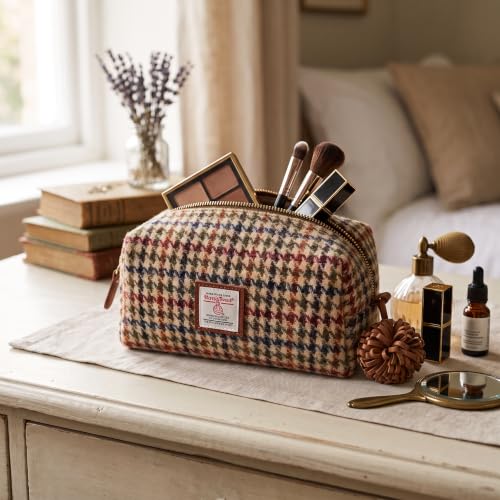 TAILORMAP Harris Tweed Wool Cosmetic Bag, Large Capacity Scottish Tartan Handmade Makeup Organizer, Stain-Resistant Travel Toiletry Pouch for Women （No.614） - color: No.614