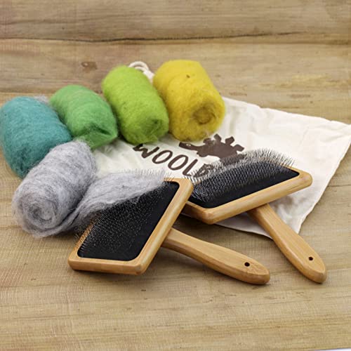 Woolbuddy Large Wool Carder Brush for Felting & Pets, 2PCS 4.75 x 3.25 Inch | Wool Carder Brush Set for Wool Blending, Needle Felting Tool with Stainless Steel Pins & Bamboo Handle, Reusable Cotton Bag