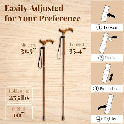 Merry Sticks Foldable Walking Cane for Women and Men, Adjustable, Sen Wood - color: Sen Wood, size: Classic Grip