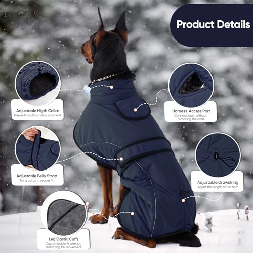 Dotoner Waterproof Dog Coat Warm Fleece Lined Jacket Reflective Winter Pet Apparel for Small Medium Large Dogs with Leash Opening Adjustable Neck & Tail Drawstring - color: Blue, size: Medium