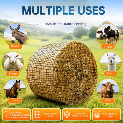 6x6 ft Round Bale Hay Net for Horses & Livestock, Knotless Slow Feeder Hay Nets with 2 Inch Holes, Includes Repair Tool - size: 6x6 FT