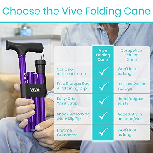 Vive Folding Cane - Foldable Walking Cane for Men, Women - Fold-up - color: Purple