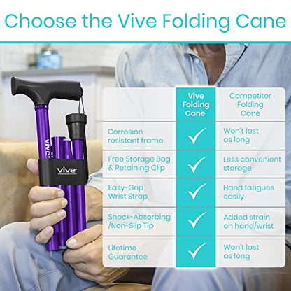 Vive Folding Cane - Foldable Walking Cane for Men, Women - Fold-up - color: Purple