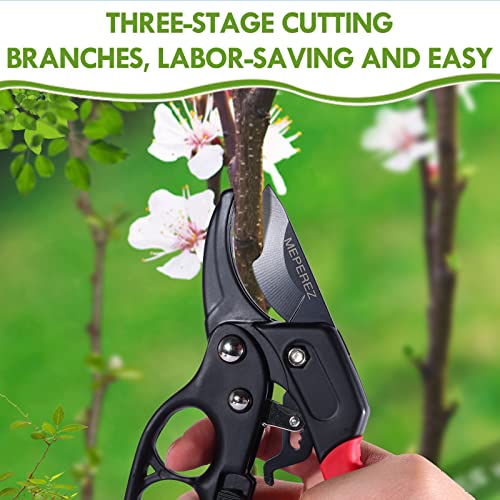 Germany Pruning Shears For Gardening, Arthritis Weak Hand Snips, 4x cutting power trimming, 1-Inch Cut Capacity Garden Clippers, Ergonomic handle, Rust resistant, high strength steel, Sharp - style: Reddish balck