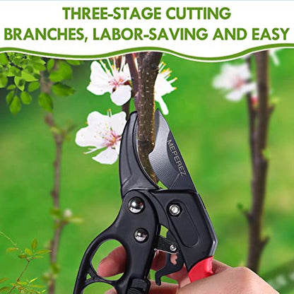 Germany Pruning Shears For Gardening, Arthritis Weak Hand Snips, 4x cutting power trimming, 1-Inch Cut Capacity Garden Clippers, Ergonomic handle, Rust resistant, high strength steel, Sharp - style: Reddish balck
