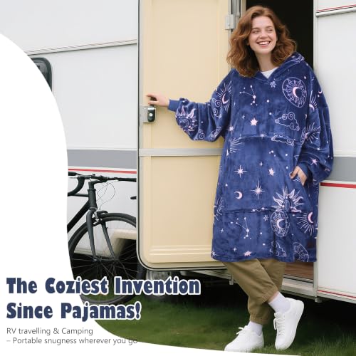 Catalonia Oversized Blanket Hoodie, Astrology Print Fleece Wearable Blanket - color: Astrology Navy