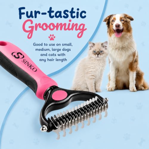 Sinko Shedding Brush For Dog and Cat, Undercoat Rake with Extra Wide Double-Sided Stainless Teeth for Detangling, Deshedding, Brushing & Removing Shed Fur, Knots, Mats, and Tangles in Pets (Pink) - color: Pink