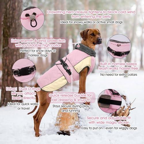 QBLEEV Warm Dog Jacket, Waterproof Dog Winter Coat with Harness - color: Pink, size: Medium