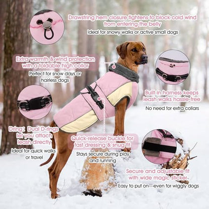 QBLEEV Warm Dog Jacket, Waterproof Dog Winter Coat with Harness - color: Pink, size: Medium