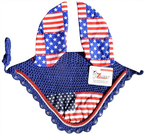 USA Royal Flag Saddle Pad Set with Matching Ear Bonnet – Print Horse Riding Gear – Non-Slip/Breathable – Western/English Show