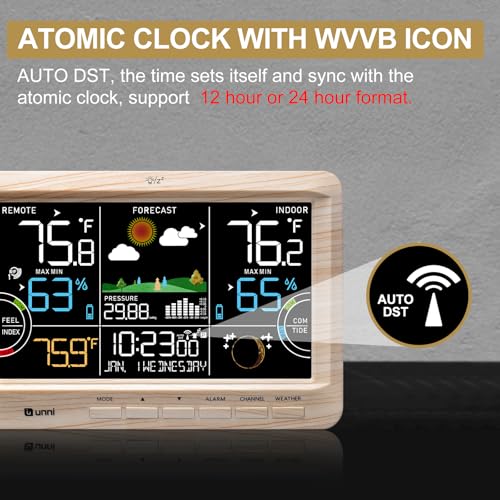 Weather Station Indoor Outdoor Thermometer Wireless Atomic Clock Wood | Home Atomic Clock Large Constant Display, Inside Outside Temperature Humidity Monitor, Dew Heat Point, Barometer - color: Multi
