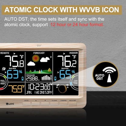 Weather Station Indoor Outdoor Thermometer Wireless Atomic Clock Wood | Home Atomic Clock Large Constant Display, Inside Outside Temperature Humidity Monitor, Dew Heat Point, Barometer - color: Multi