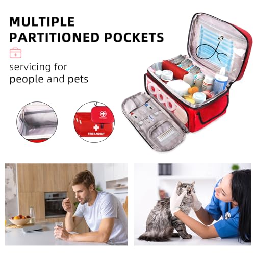 First Aid Bag Empty, 5-Set with Large Medical Organizer, 3 Portable Pouches & Hanging Bag for Home Car Travel Camping Office School Outdoor Adventure Medical Supplies,Pet First Aid Kits (Red)
