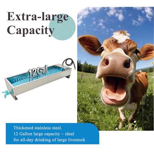 Automatic Livestock Waterer Drinking Trough Large Dog Water Bowl Dispenser 12 Gallon Stainless Steel with Float Valve for Cattle Chicken Goat Horse Pigs Poultry Outdoor Animals - size: 12 Gallon