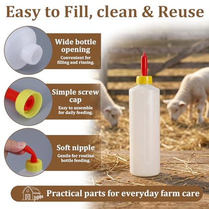 Goat Bottles for Feeding Baby Goats - 6 Pack 13.5 oz (400ml) PP Plastic Nipple Set for Lambs, Calves, Sheep, Goat & Other Livestock - Essential to Raise Healthy Lambs and Calves