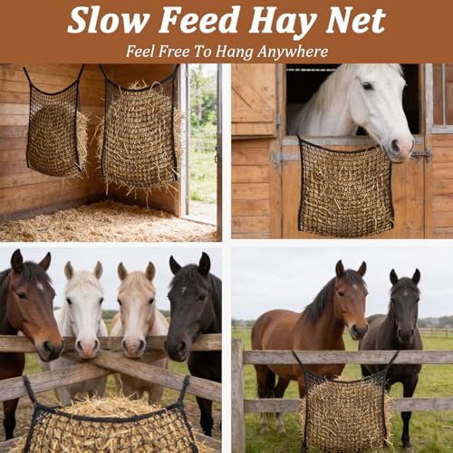 2 Pcs Horse Hay Net with Carabiners, Large Capacity Slow Feed Hay Bag for Horses, Durable Polyester Flat Feeder for Goats and Livestock (31.5" X 35.4")
