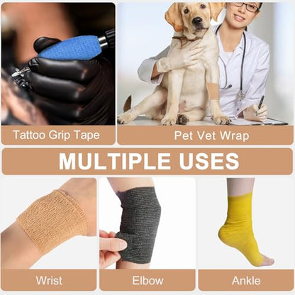 48 Pack Self Adhesive Bandage Wrap, 2” x 5 Yards Cohesive Medical Tape Elastic Grip Tape Black Sports Tape Athletic for Ankle, Wrist Sprains, Pet First Aid (Brown) - color: Brown