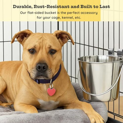 6 quart Stainless Steel Flat Sided Bucket with Dual Hooks | 1.5 gal Durable Food & Water Bowl for XL Dog Goat Sheep & Livestock | Fits kennel Cage Critter Crate | Hanging Utility Pet Pail - size: 6 Quart