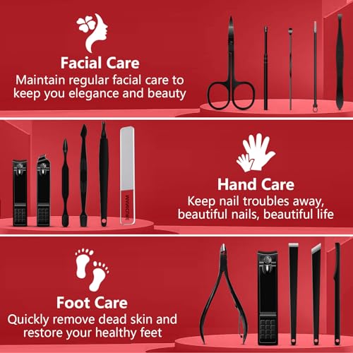 Manicure Set 16 In 1 Professional Stainless Steel Pedicure Kit Toenail Clippers Set Mens Grooming Kit Fingernail Kit for Women with Luxurious Travel Bag, Suitable for Home, Travel, and Salon (Black) - color: 16Pcs-Black